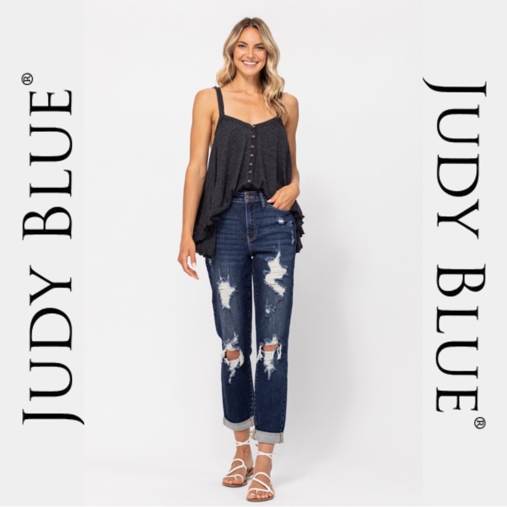 🚨LAST PAIR!🚨 JUDY BLUE | High-Waist Dark Wash Destroyed Boyfriend Jeans